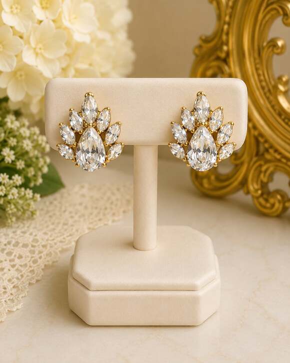 Trifari Jewelry - Vintage Trifari TM Gold Tone Pear & Marquise Rhinestone Cluster Clip-On Earrings